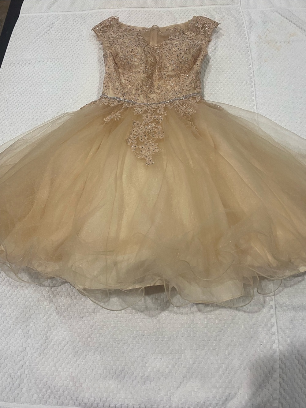 Gold Lace Bodice Tulle Cocktail Dress with Beaded Waist